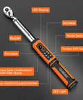 Digital Torque Wrench, 3/8 Drive Electronic Torque Wrench with Preset Value, features labeled, buzzer, LED display shown.