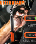 Hand using Digital Torque Wrench, 3/8 Drive Electronic Torque Wrench with Preset Value, showing LED indicators and buzzer function