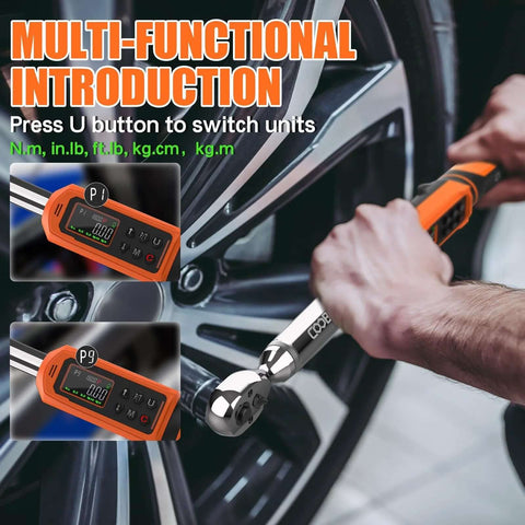 Digital Torque Wrench, 3/8 Drive Electronic Torque Wrench with Preset Value being used on a car wheel