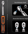 Digital Torque Wrench, 3/8 Drive Electronic Torque Wrench with Preset Value, showing reversible ratchet head and LED display