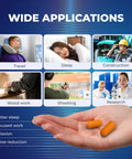 Hand holding disposable ear plugs pack of 200 pairs with 32 dB noise reduction for travel, sleep, work shown with various applications.