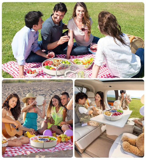 Divided Rotating Serving Tray With Lid And Handle 12 Inch Clear Lazy Susan Organizer used at picnics and gatherings with snacks