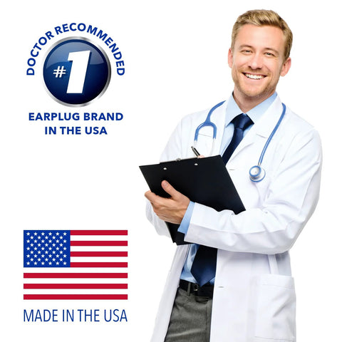 Doctor recommending Pillow Soft Moldable Silicone Ear Plugs For Sleeping And Travel, Made in USA, with American flag icon