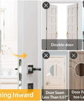 Two Pack Home Security Door Lock Reinforcement For Inward Swinging Doors With 3 Inch Stop And 800 Lb Withstand Durable And Easy Install Upgrade Flip Night Lock For Enhanced Family Safety And Peace Of Mind showing compatibility and installation requirements on different door types.