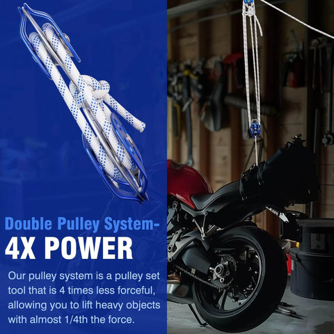 Double Block and Tackle Pulley System with 200Ft x 1/2'' Rope Pulley 7700 LB(35KN) Breaking Strength hoisting motorcycle in garage