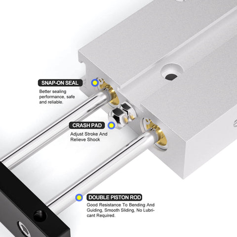 Close-up of PNEUMATIC 20mm Bore 100mm Stroke Double-Rod Double-Acting Aluminum Pneumatic Air Cylinder TN20-100 showing double piston rod and seals.