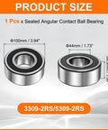 Double Row Sealed Angular Ball Bearing for motors and pumps, 44x100x39.5mm, shown in two different angles with size dimensions.