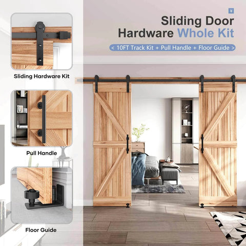 Image of a 12 FT Double Sliding Barn Door Hardware Kit with straight pulley and handle, black aluminum track system shown installed on wooden doors.