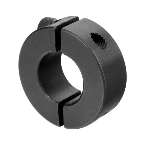 Front view of a black 1045 steel double-split clamp-on shaft collar, 13/16 in bore, 1-5/8 in OD, 1/2 in thick with M4 screws.