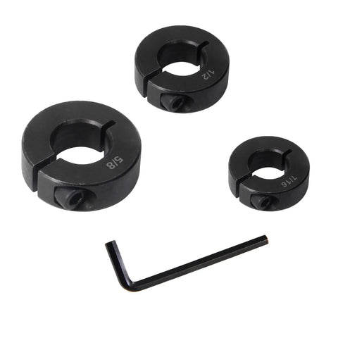 Depth limiting drill stop collar set with split ring stops from 1/8 to 5/8 inch, featuring three collars and hex key.