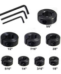 Depth limiting drill stop collar set with split ring stops from 1/8 to 5/8 inch showing eight collars and hex keys.