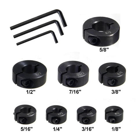 Depth limiting drill stop collar set with split ring stops from 1/8 to 5/8 inch showing eight collars and hex keys.