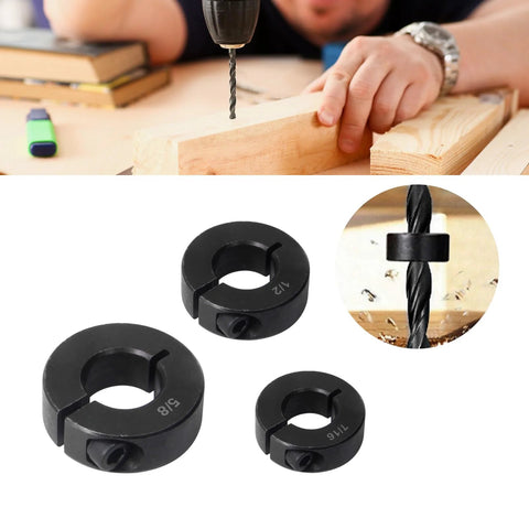 Depth limiting drill stop collar set with split ring stops from 1/8 to 5/8 inch for precise hole depth and secure grip