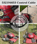 Durable 65.5 inch drive control cable replacement for walk behind mowers, installed in red mower, OEM compatible for Husqvarna, AYP, Poulan