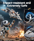 HT15 Dual-Mode RC Drone For Kids flying above robot dog, showing impact-resistant design and propeller guard details.
