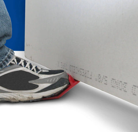 Foot on drywall lifter tool PL589 in use, featuring lightweight non-clogging rasp and built-in bottle opener for smooth mechanical motion