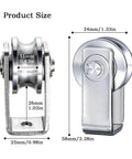 Dual-bearing cable pulley wheel set for rope systems, wall or ceiling mounted, quiet operation using two 608 bearings, stainless steel construction