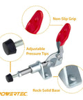 Dual Toggle Clamp 100 Lb Quick Release Push Pull Clamp For Woodworking Jigs Pocket Hole Jigs Welding Crosscut Sled CNC, shown with red handles.