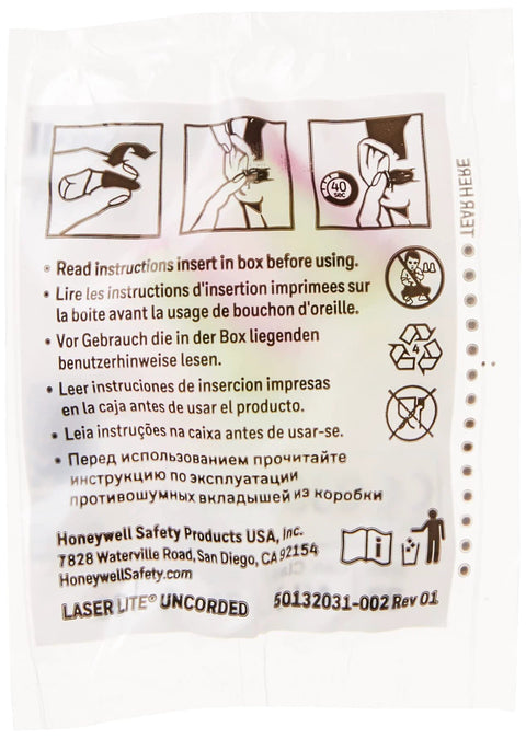 Back packaging instructions for Laser Lite High Visibility Disposable Foam Earplugs Pink And Yellow 200 Pairs NRR 32