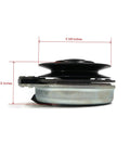 Side view of Electric PTO Clutch for 2006 Country Clipper Jazee SR100, SR105, SR200, SR300, showing dimensions and metal construction
