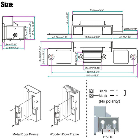 Technical drawing of Wireless RF Remote Access Control Electric Strike Door Lock Fail Secure Kit with measurements and installation guide.