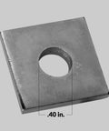 Close-up of a 3/8 inch square washer for strut channel in an electro-galvanized finish, showing .40 inch hole diameter, corrosion resistant