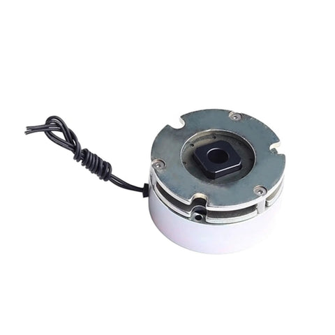 Electromagnetic Power Off Brake 24V DC for conveyors and packaging, automatic brake on power loss, compact design, side view.