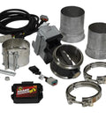 Electronic inline exhaust brake kit for Ram Cummins diesel pickups, includes clamps, wiring, and components for 2013-2024 Ram 2500/3500.
