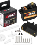 12g Servo EMAX Servo RC Steering Servo with Servo Arm Steering Link and Brass Servo Mount for Axial SCX24 AX24 RC Car Upgrade Parts in black with components displayed.