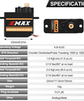 Specifications of 12g Servo EMAX Servo RC Steering Servo with dimensions, operating voltage, and torque details