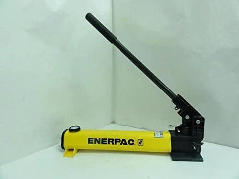Enerpac P-392 2 Speed Lightweight Hand Pump shown from side view with yellow body and black handle on white background.