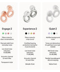 Comparison of Engage 2, Experience 2, and Quiet 2 earplugs highlighting noise reduction levels and design features.