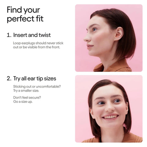 Two images showing how to insert Engage 2 Ear Plugs for Everyday Use with 16 dB Noise Reduction and fit tips for a snug feel