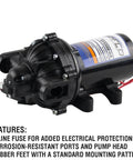 Side view of Everflo 12V On-Demand Diaphragm Sprayer Pump - 5.5GPM, 60 PSI, Quick Attach Ports showing pump housing and ports