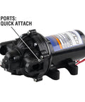 Front view of Everflo 12V On-Demand Diaphragm Sprayer Pump - 5.5GPM, 60 PSI, Quick Attach Ports with visible labeled ports.