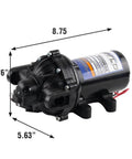 Everflo 12V On-Demand Diaphragm Sprayer Pump - 5.5GPM, 60 PSI, Quick Attach Ports with dimensions shown