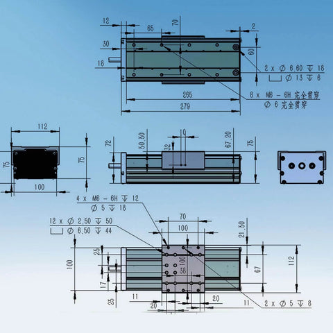 Technical drawing of FBX100-100mm Heavy CNC Linear Actuator Kit, Aluminum Alloy Fully Enclosed Linear Motion Stage Actuator.