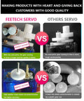 Comparison image showing advantages of Feetech servo gears over others, with emphasis on card point and metal rod potentiometer.