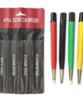 Fiberglass Pen Scratch Brush Set with 4 pieces, featuring red, black, green, yellow pens with fiberglass, brass, steel, nylon tips