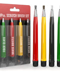 Fiberglass Pen Scratch Brush Set with steel, brass, nylon, fiberglass tips in packaging, showing 4-piece set for jewelry and auto work.