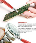 Fiberglass Pen Scratch Brush Set with fiberglass tip cleaning jewelry and circuit board, highlighting corrosion resistance and versatility.