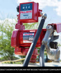 Fill-Rite FR700V Series pump with KIT700MA Meter Flange Kit and 800 Series mechanical meter installed, close-up view.