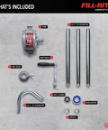 Fill-Rite SD62 Hand Pump Rotary 2-Vane Curved Spout parts layout with pump, suction pipes, handle, spout, strainer, and unions.