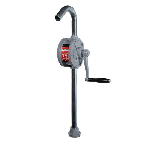 Front view of Fill-Rite SD62 Hand Pump Rotary 2-Vane Curved Spout with hand crank and gooseneck spout, die-cast aluminum.