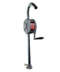 Fill-Rite SD62 Hand Pump Rotary 2-Vane Curved Spout with gooseneck and handle, seen from the side, made of die-cast aluminum.