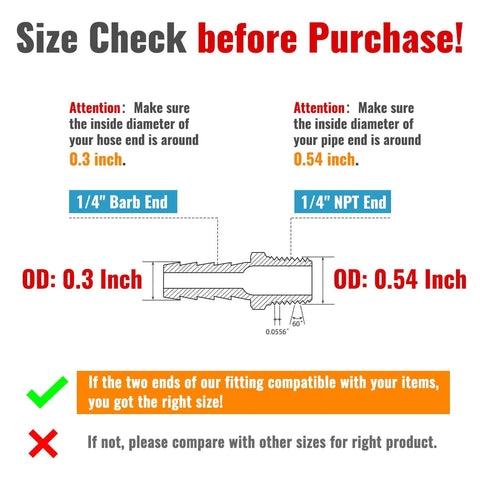 Size check diagram for 1/4 NPT Brass Hose Barb Fittings Male To Barbed Air Hose Connectors showing barb end and NPT end dimensions.
