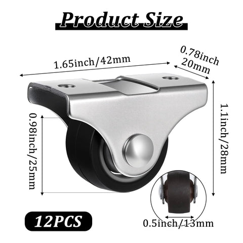 12 Pieces Fixed Caster Wheels Set With One Inch Diameter Caster Wheels And Metal Top TPE Rubber Low Profile Rollers