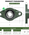 2 Pack UCFL204-12 Pillow Block Bearing with 3/4 in bore, flange mount unit, shown with dimensions and specifications chart