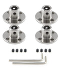 Two-Pack 6mm bore flange shaft couplings with 10mm OD and 22mm base, iron construction, shown with screws and Allen wrenches