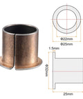 Flanged Sleeve Bearings 22mm Bore 25mm Outer Diameter 25mm Length 32mm Flange Diameter 1.5mm Flange Thickness Oilless Bronze Sintered Coated Bushings Maintenance Free High Load Capacity Carbon Steel Base Two Pieces shown with measurements
